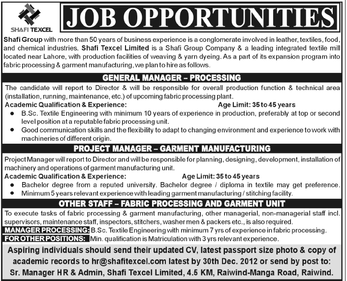 Shafi Texcel Limited Lahore Jobs for GM, PM, Fabric Processing & Garment Manufacturing Staff in